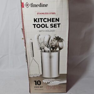FineDine Kitchen Utensils Set - 10-Piece, Stainless-Steel Cooking Utensils w/Spoons, Whisk, Spatula, Tongs, Ladle, Masher & Cooking Utensils Holder - Kitchen Accessories, Gadgets and Tools