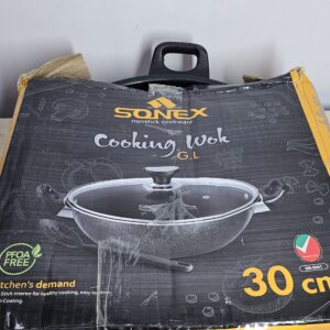 Schofield and Bloom Sonex Non Stick Double Handle Wok Glass Lid Deep Cooking Karahi Pot Pan Cookware Spoon | NonStick Shallow Cast Iron Pan (30cm)