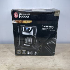 Russell Hobbs Chester Grind & Brew Filter Coffee Machine, Bean to cup, Quiet brew technology, 1.5L Carafe/12 cups, 4-12 Cup brewing option, 24hr timer, 40min keep warm, Washable filter, 1025W, 22000