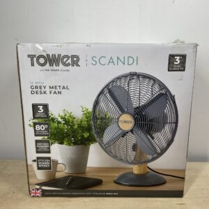 Tower T610000 Scandi Metal Desk Fan with 3 Speeds, Automatic Oscillation, 12”, 35W, Grey and Wood Effect