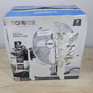 Tower T605000 Metal Desk Fan with 3 Speeds, Automatic Oscillation, 12”, 35W, Chrome