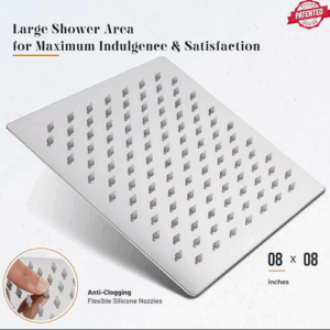 Square Rainfall Shower Head - 8 inch Large, Overhead Fixed Rain Showerhead with Angle Adjustment - Stainless Steel 304 with Chrome Finish - Standard Fitting, Easy Replacement