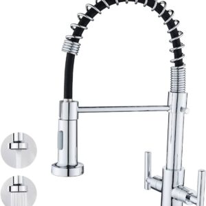 Maynosi Kitchen Sink Mixer Tap, Twin Levers Kitchen Faucet with Pull Down Sprayer (2 Function), Kitchen Mixer 360° Swivel, Full Solid Brass Body Stainless Steel Swivel Spring, Chrome