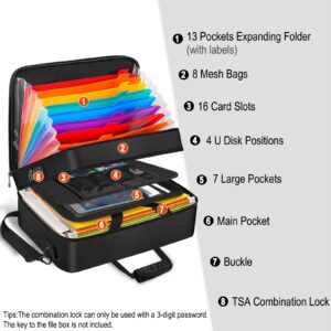 Fire Resistant File Organizer with 13 Pocket Accordion File Folder & Lock, Multi-Layer Portable File Storage Expandable Zip File Folder File Security Box with Labels
