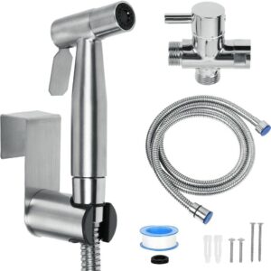 Handheld Bidet Sprayer Kit, Stainless Steel Shattaf Douche Muslim Shower Spray with Hose Bidet Holder Valve for Toilet Cleaning, Pet Bath, Personal Hygiene Includes T-Adapter