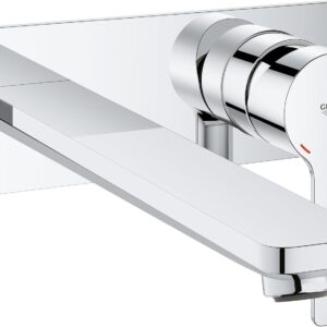 GROHE Lineare Wall-Mounted Two-Hole Basin Mixer without Concealed Body (Tap with a Rectangular Spout Projection 207mm, Centre Distance 110 mm, Water Saving Mousseur 5 l/min), Chrome, 23444001
