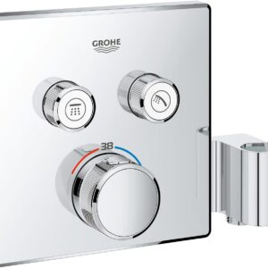 GROHE Grohtherm SmartControl - Concealed Square Shower Thermostat - for Shower or Bath (2 Valves, Push for ON-OFF, Turn for Volume Adjustment, Safety Button at 38°C, Requests Rapido SmartBox), Chrome, 29124000