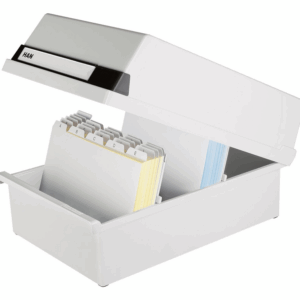 HAN 955-11, Card filing box A5 landscape. Innovative, attractive design holds 1,300 cards, readjustable lid supplied with large inscription label, light-grey