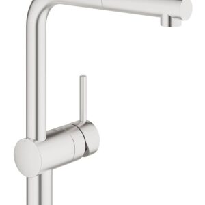 GROHE Minta - Kitchen Sink Tap with Pull-Out Function (Deck Mounted, Monobloc Installation, 328 mm L-spout, 360° Swivel Range, 46 mm Ceramic Cartridge, Inlet Tails 3/8 Inch), Supersteel, 32168DC0 [Energy Class B]