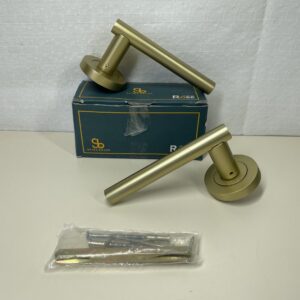 Infinity Decor Pair of Straight T-Bar Lever Door Handle on Rose Set Satin Brass Interior Pull Handles – Ideal for Interior and Exterior use