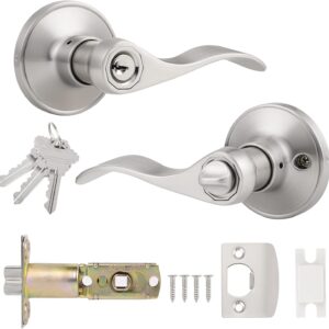Probrico 1 Pack Satin Nickel Door Handle Lock - Entrance Door Lever with Key, Key Exterior Door Lock Entry Handles with Lock, Safe Lockset Exterior Wave Style Door's Handle