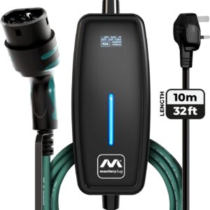 Masterplug EV Charging Cable for Electric and Hybrid Vehicles, 10 Metres, Mode 2, 3 Pin UK Plug to Type 2 Car Charger, 2.4kW, EVCM221010
