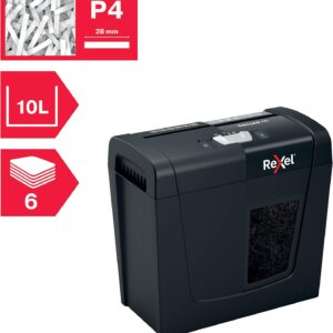 Rexel Secure X6 Cross Cut Paper Shredder, Shreds 7-6 Sheets (70-80 gsm), P4 Security, Home/Home Office, 10 Litre Removable Bin, Quiet and Compact, Secure Range, 2020122, Black
