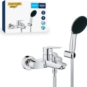 GROHE Start QuickFix – Single Lever Bath Filler Mixer Tap Set (Diverter: Bath/Shower, Round 11cm Hand Shower 1 Spray: Rain, Wall Holder, Shower Hose 1.5m, Water Saving, Wall Mounted), Chrome, 25283002