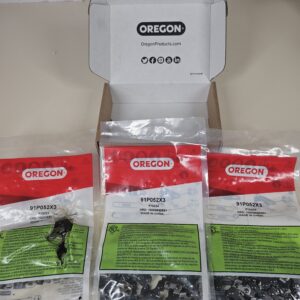 (1 pack open) Oregon 3-Pack Chainsaw Chain 3/8" LP Pitch, .050" (1.3 mm) Gauge for 14" (35cm) Bar, 52 Drive Links – 91P052X3 Low-kickback Chainsaw Chain, Fits Husqvarna, Ryobi, Bosch, Einhell, Dolmar, Ferrex and more