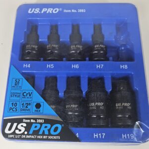 (missing 8mm) US PRO Tools 9pc Impact Hex Bit Socket Set 1/2'' Drive 4mm to 19mm 3593