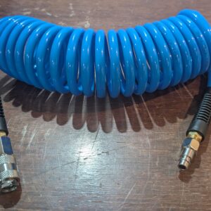 YOTOO Air Compressor Hose Polyurethane Recoil 5m Long 6mm ID x 9.5mm OD air hose with Bend Restrictor, 1/4" Europe Quick Coupler and Plug, Blue