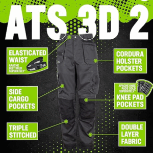 Apache Workwear Men's Site Trouser | ATS 3D Stretch Holster Trouser | Grey/Black 31L x 32W | Cordura Side Cargo Pocket | Low Rise Comfort Waist | Reinforced Hem Knee Pad and Phone Pocket