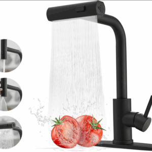 Waterfall Black Kitchen Sink Tap with Pull Out Spray, Stainless Steel 3 Mode Mixer Taps, 360°Swivel Single Lever Faucet, G1/2 UK