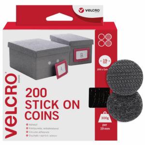 VELCRO Brand | Stick On Coins | Double Sided Hook & Loop Self Adhesive Sticky Coins Perfect for Room Décor & Home, Office, Garage Use | Black | 19mm x 19mm | Pack of 200