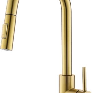 Tohlar Gold Kitchen Tap with Pull-Down Sprayer, Modern Stainless Steel Single Handle Pull Out Kitchen Mixer Tap, Brushed Gold