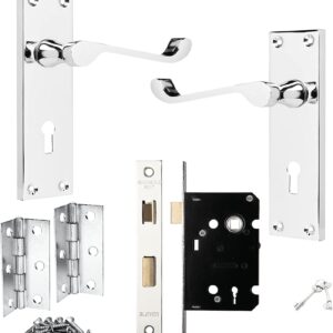 IRONZONE® Victorian Scroll Polished Chrome Door Handle Lock Pack, 3 Lever Lock, 1 Pair of Hinges, for Extra Privacy in Bedroom and Living Room, Traditional Design
