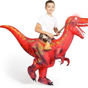 Spooktacular Creations Kids Inflatable Dinosaur Costume, LED Light Eyes Ride-on T-rex Costume, Riding a Red Raptor Digital Printing Air Blow Up Halloween Costumes
