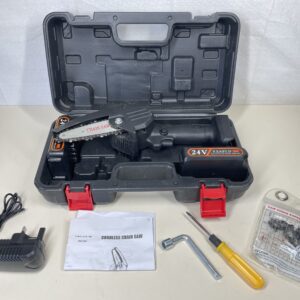 Sharp-tec Mini Chainsaw, Upgraded Cordless Electric Chainsaw with 2 Battery and Charger, 4 Inch 24V Handheld Chainsaw with Baffle LED Light and Protection Switch, Black