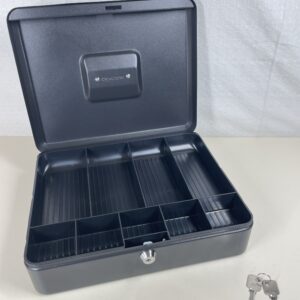 Cathedral Products Key Lockable Cash Box with Lift Out 6 Compartment Coin Tray - 12 Inch - Black