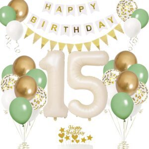 15th Birthday Decorations for Boy Girl,15th Birthday Balloons with Number 15 Foil Balloon Sage Green White Gold Balloons Happy Birthday Banner Birthday Cake Topper for 15th Party Decoration