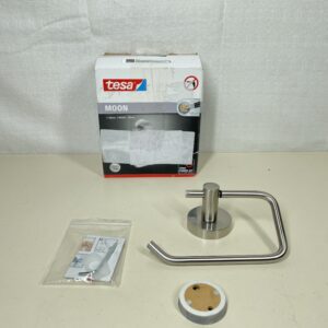 tesa MOON Toilet Paper Holder - No Drill Chrome Plated Metal Toilet Roll Holder without Lid for Bathrooms and Guest Toilets - Includes Removable Glue Solution
