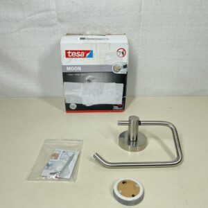 tesa MOON Toilet Paper Holder - No Drill Chrome Plated Metal Toilet Roll Holder without Lid for Bathrooms and Guest Toilets - Includes Removable Glue Solution