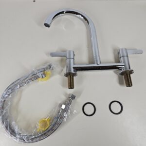 Kitchen Sink Mixer Taps Hot Cold Dual Lever Monobloc Chrome Swivel Spout 1/4 Turn Deck Mounted Kitchen Taps with UK Standard Fittings (Silver)