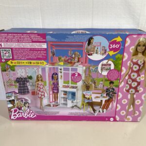 Barbie Dollhouse Playset with Barbie Doll & House with 2 Levels & 4 Play Areas, Fully Furnished, with Pet Puppy & Accessories, Gift for Kids 3 Years Old and Up, HHY40