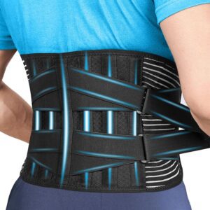 Prestel Lower Back Support Belt for Men and Women - Best Back Brace for Back Pain Relief with 6 Stays - Breathable & Medicated Design with Dual Adjustable Straps (L / 30-35 inches)