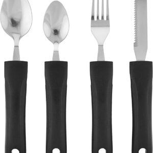 Adaptive Eating Utensils by Celley for Parkinson's, Arthritis, MS, Elderly, Hand Tremors, Handicapped | 4pc Easy Grip Silverware Stainless Steel Knife, Fork, 2 Spoons (Black)