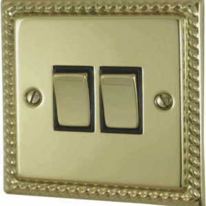 G&H Brassware MB302 2-Way Two Gang Georgian Polished Brass Light Switch - Metal Rockers and Black Inserts