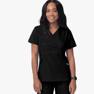 (S) Sivvan Scrubs for Women - Mock Wrap Scrub Top, Black, High Quality, S8302