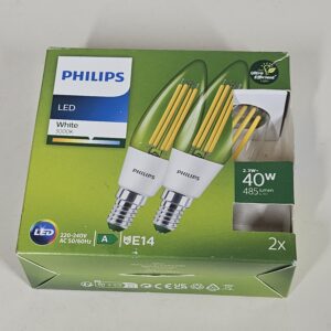 Philips LED Ultra Efficient Candle Light Bulb A Label Energy Rating [White 3000K - E14 Small Edison Screw] 40W B35 Clear. for Indoor Home Lighting.