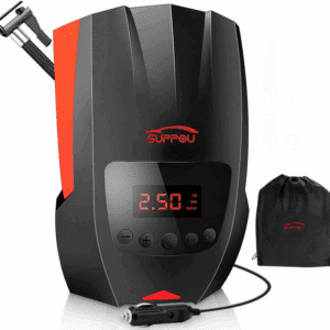 SUPPOU Tire Inflator Air Compressor, Portable Car Tire Pump 5 Min Tire Inflation DC 12V 150PSI Digital Meter Emergency Light LED Display with 3 Nozzle for Bicycle Motors Inflatables - Black