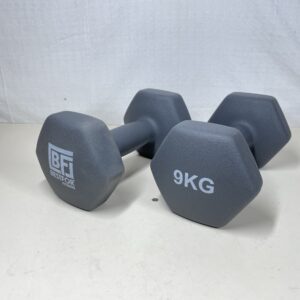 Pair of 9kg Hex Anti Roll Non Slip Neoprene Dumbbell Weights For Exercise, Fitness, Workouts, Lifting with Exercise Chart