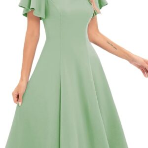 Casual Ruffle Sleeve V-Neck Dress Green Medium Semi Formal Knee Length Cocktail Dress