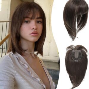 Peonymebeauty 4"X5" Fringe Hair Topper Clip in Base, 3D Cover Bangs for Thinning Hair Women 12 Inch Synthetic Fiber Natural Straight Short Bob Hairpieces Add Volume Wiglets Ladies(Chocolate Brown)