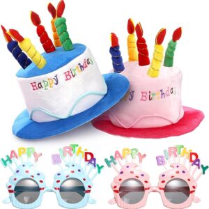 Plush Birthday Cake Hats 4 Pcs Funny Party Novelty Hats with Sunglasses – Blue & Pink