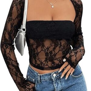 Women's Lace Sheer Square Neck Cut Out Back T Shirt Black Small Long Sleeve Sexy Skinny Party Crop Tops