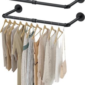 eSynic 2 Pack Wall Mounted Clothes Rail - Heavy Duty Metal Garment Rack – Black