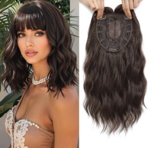 Nexyshe Hair Topper 14 Inch Wavy Hair Toppers with Bangs 6.5''X6.5'' Gluless Wig for Women Synthetic Hair Pieces for Thinning Hair