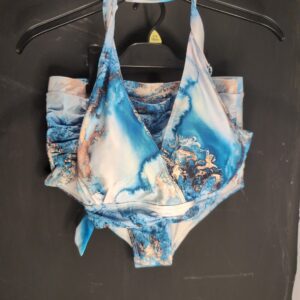 Svanco Ladies Swimming Suits Printed Beachwear High Waisted Bottom Ruched Tummy Control Push Up Criss Cross Top Printed Beachwear for Womens Blue Marbling XL