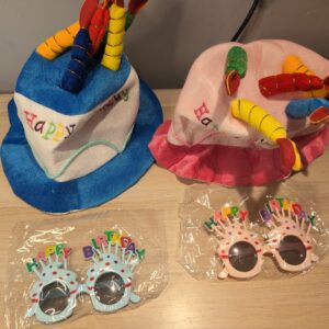 Plush Birthday Cake Hats 4 Pcs Funny Party Novelty Hats with Sunglasses – Blue & Pink