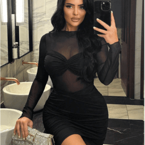 GORGLITTER Women's Sexy Mesh Sheer Clubwear Dresses Mock Neck Long Sleeve Ruched Bodycon Mini Night Out Dress Black Large